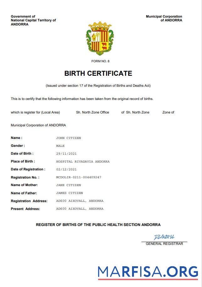 Blank Andorra vital record birth certificate Word and PDF template